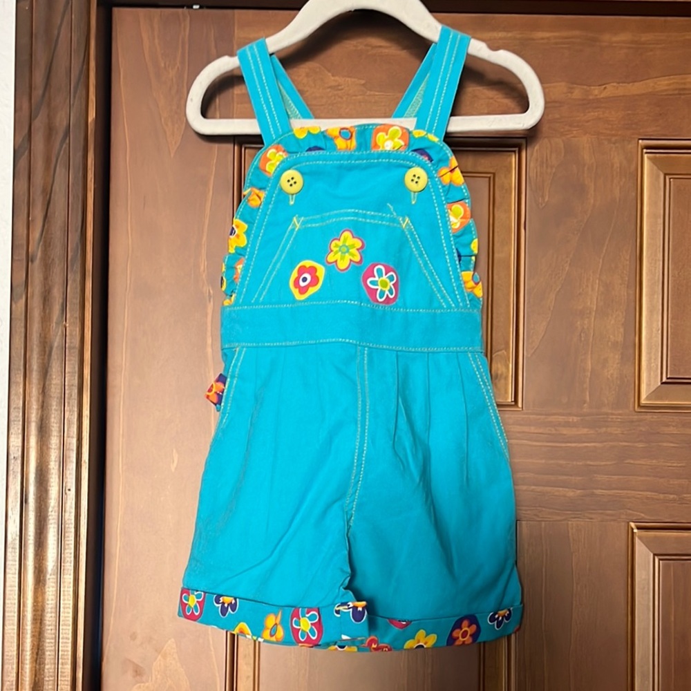 Vintage 90s Jet Set Kids Blue Floral Overalls Shorts Sz 4